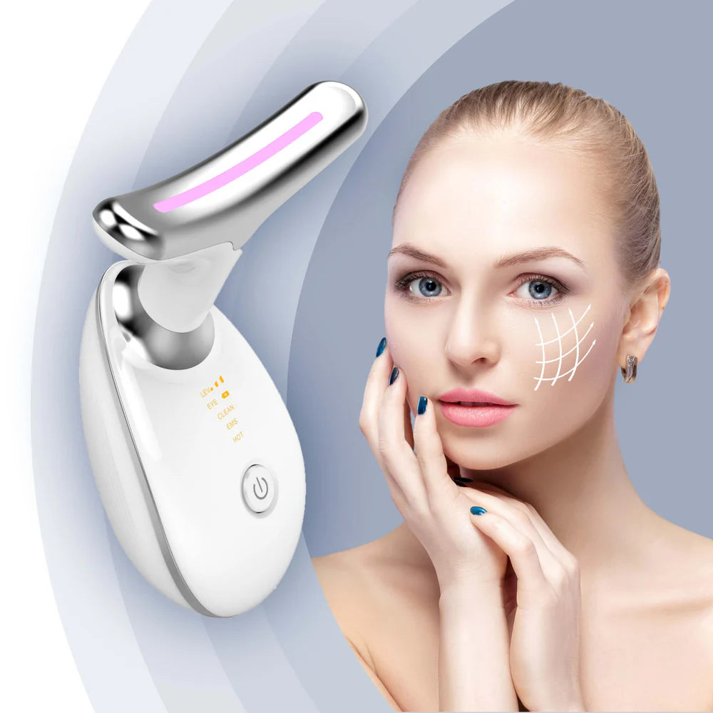 Beauty device with a woman's face showing skincare lines on a light gray background