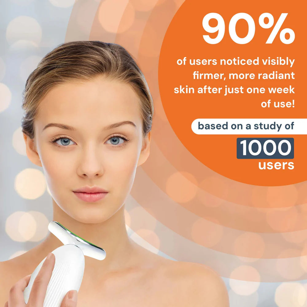 Woman using a skin care device with text about skin improvement results.
