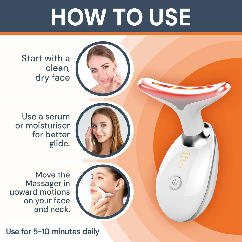 Facial massager with usage instructions on a white background