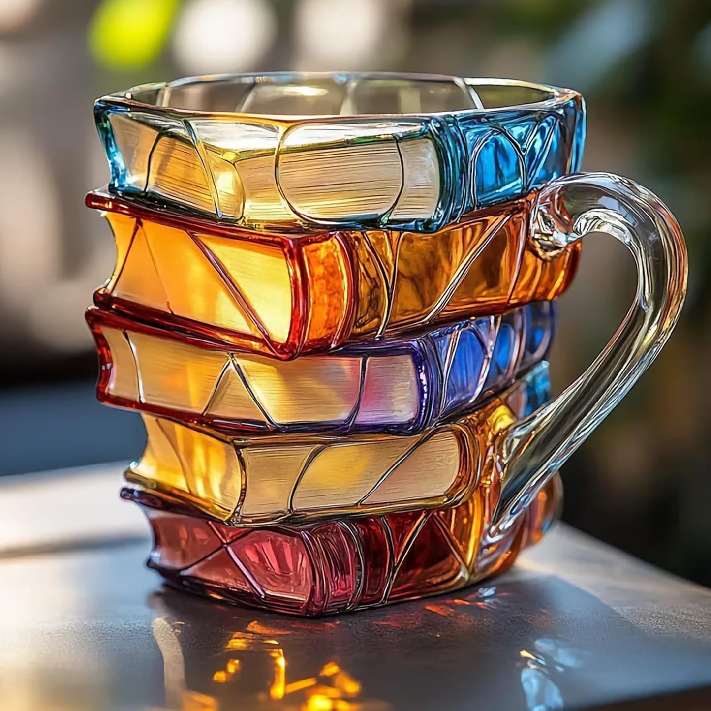 Colorful glass mug with geometric design on a reflective surface