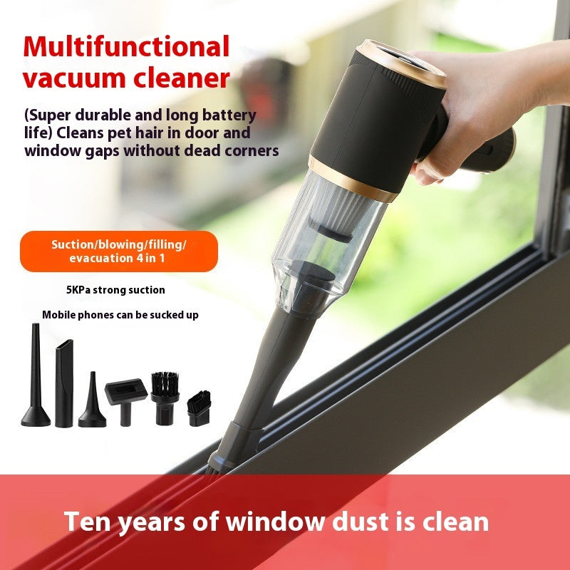 Multifunctional vacuum cleaner being used to clean a window gap with product features highlighted.