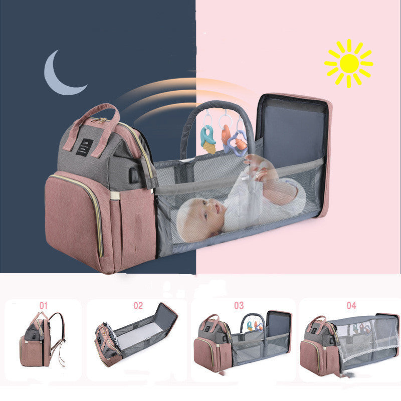 Multifunctional baby bag with changing mat and mirror, shown in different stages of use.
