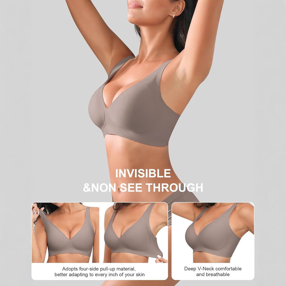 Woman wearing a gray sports bra with text highlighting features on a gray background
