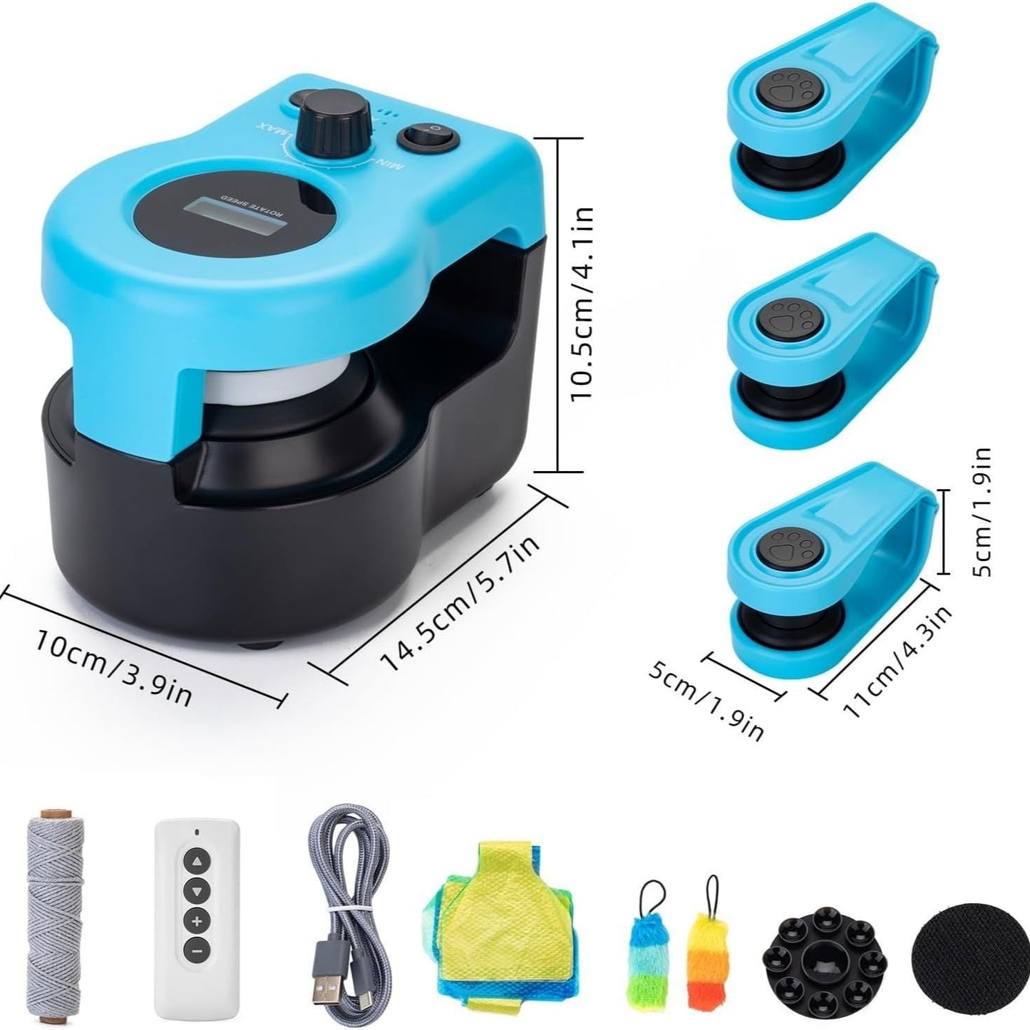 Blue and black device with measurement details on a white background