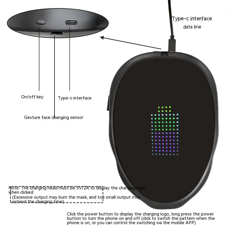 Black electronic mask with labeled components on a white background