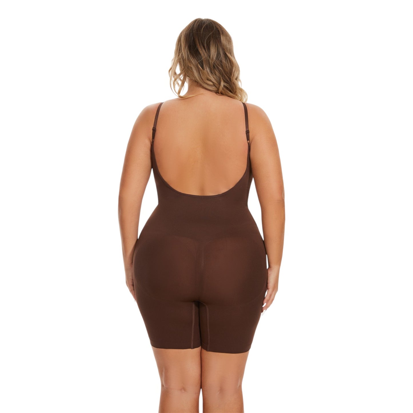 Brown bodysuit worn by a model on a white background