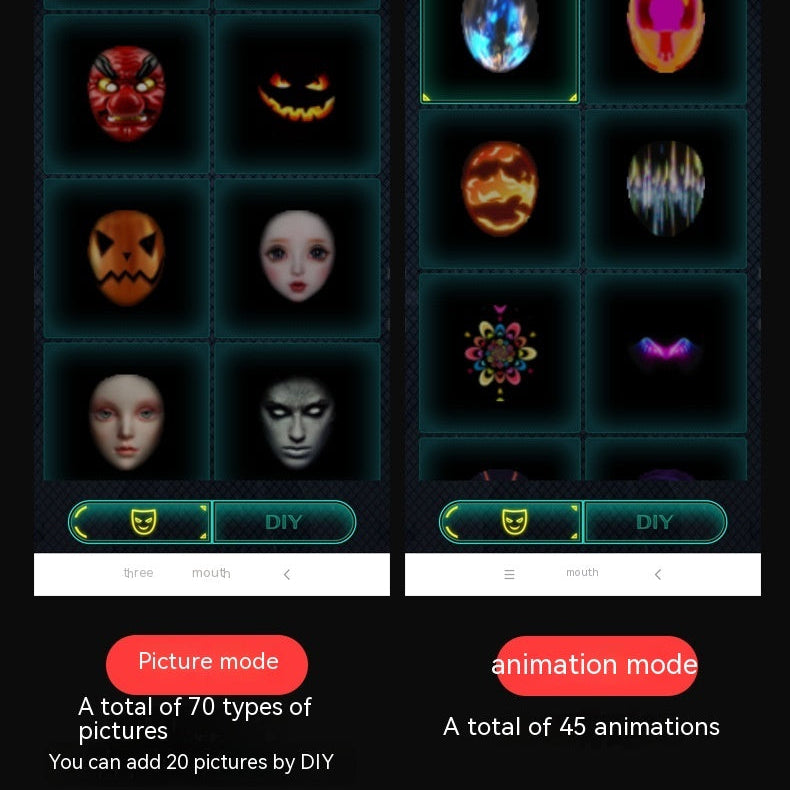 Two screens showing picture and animation modes with various face and object images.