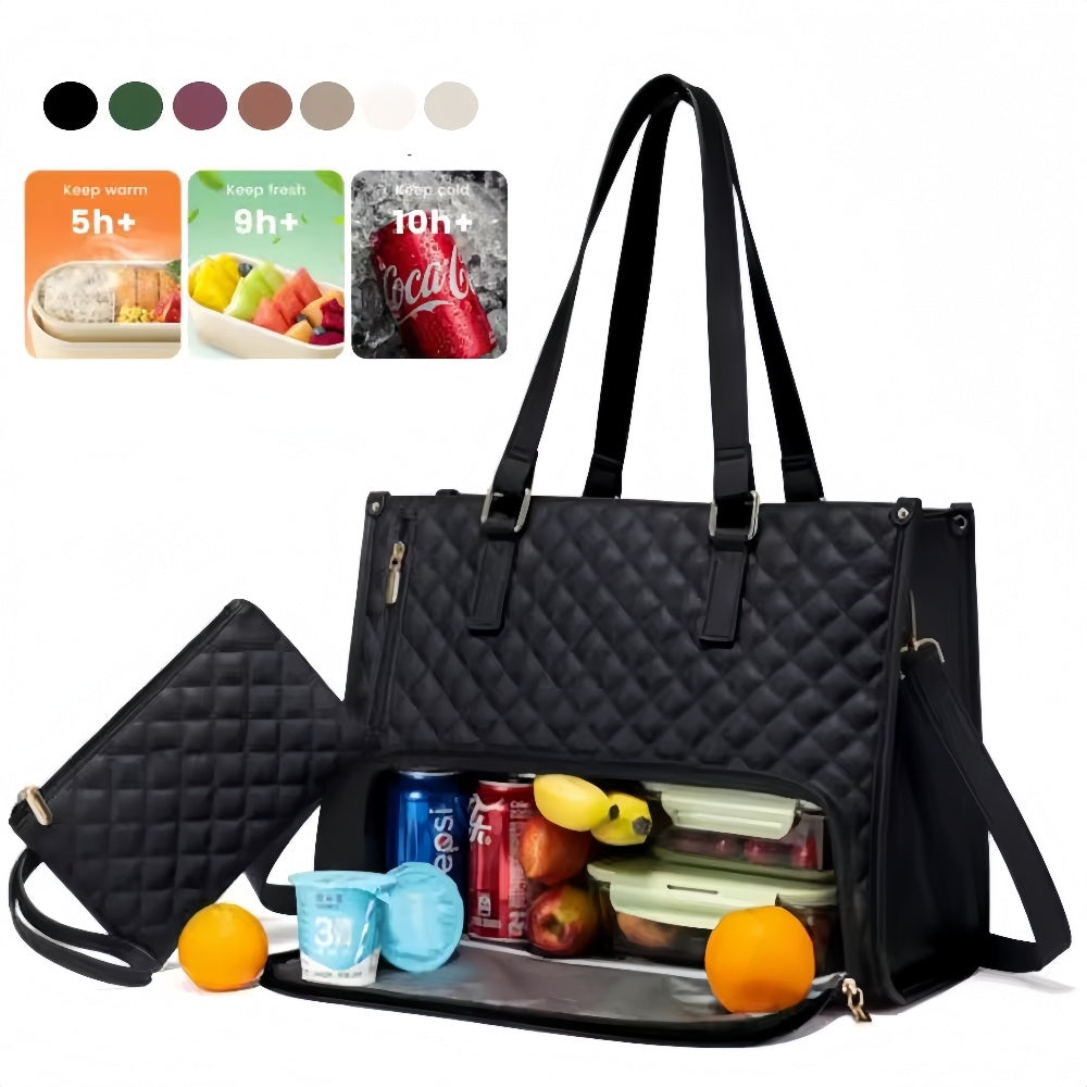 Black insulated lunch bag with compartments filled with food and drinks on a white background