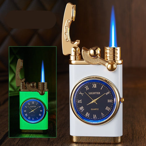 Decorative lighter with clock face and blue flame, shown in green packaging.
