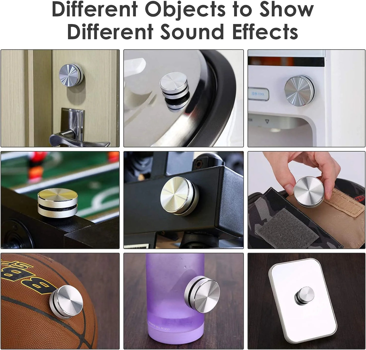 A collage of images showing a small, circular, silver mini bone conduction speaker being used on various objects to produce sound effects.