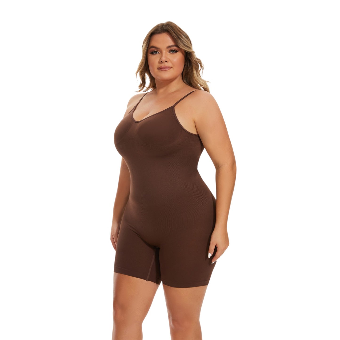 Woman wearing a brown bodysuit on a white background