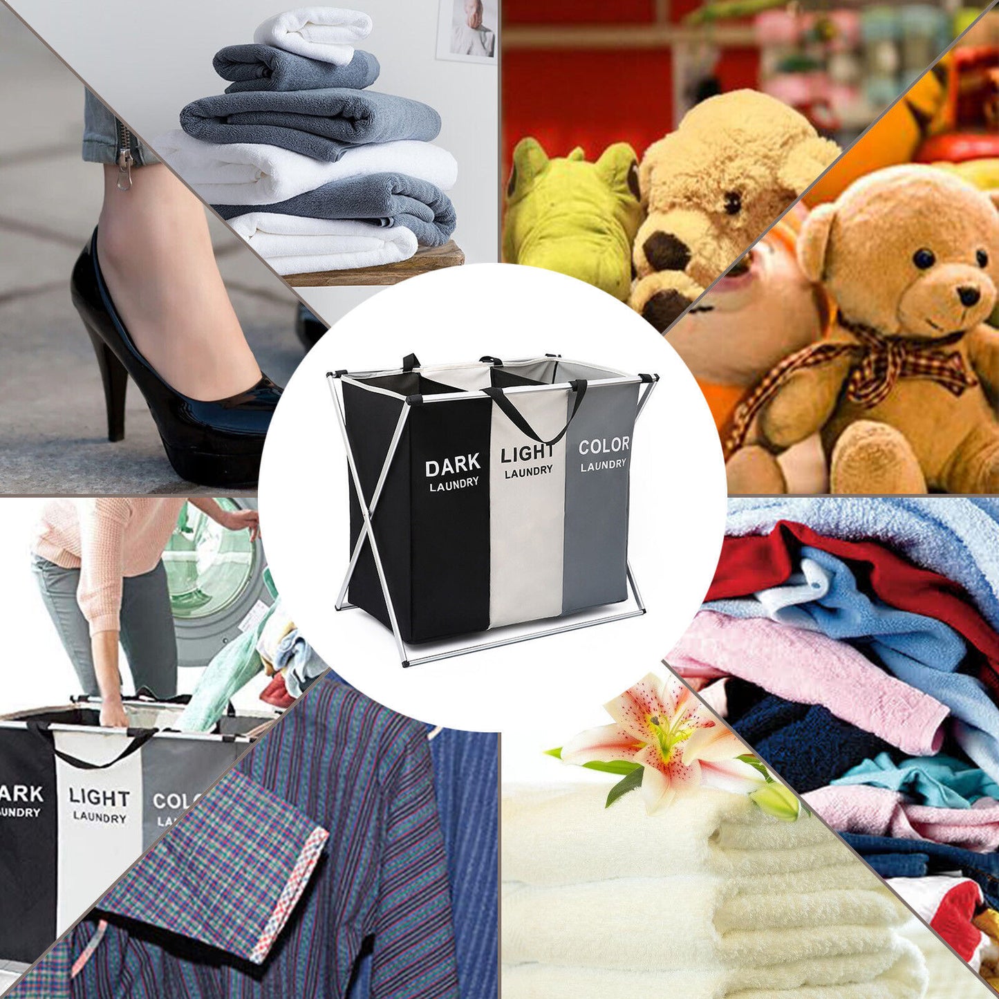 Collage of laundry sorting with a folding laundry basket in the center.