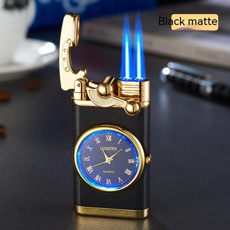 Black and gold lighter with clock face and blue flames on a dark surface