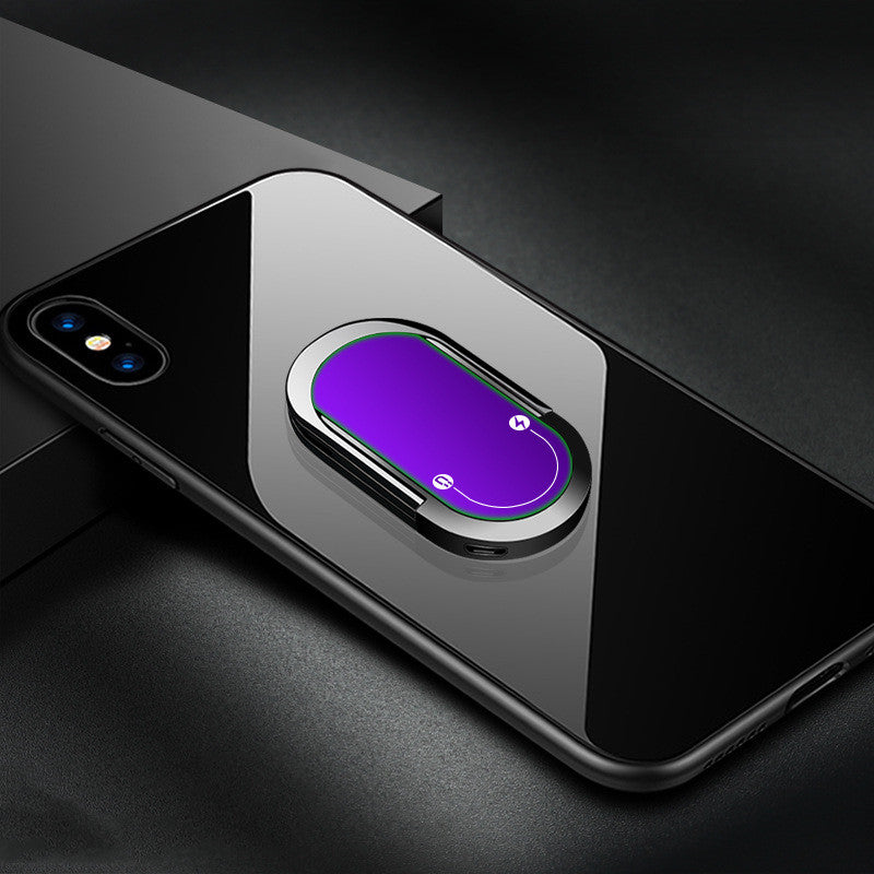 Phone case with a purple and silver design on a black phone