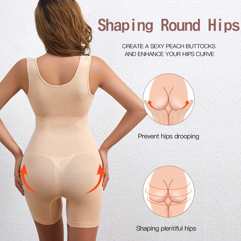 Woman wearing a beige shapewear garment with text and illustrations on a light gray background.