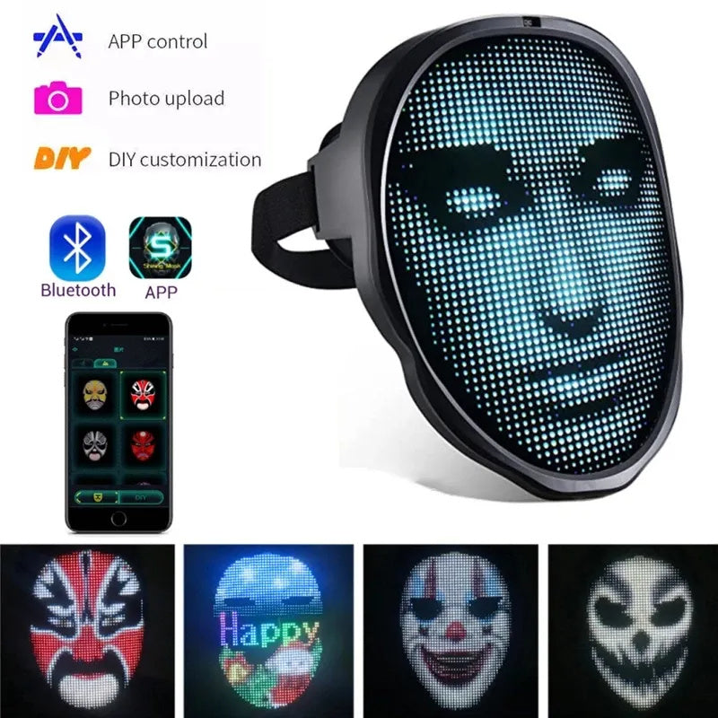 LED mask with smartphone app control and various face designs displayed.