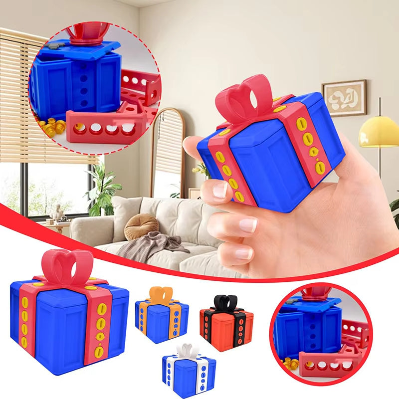 Colorful gift-shaped toys with a hand holding one, set against a living room background.