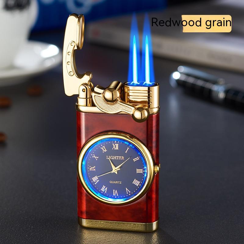 Decorative lighter with clock face and redwood grain finish on a dark surface.