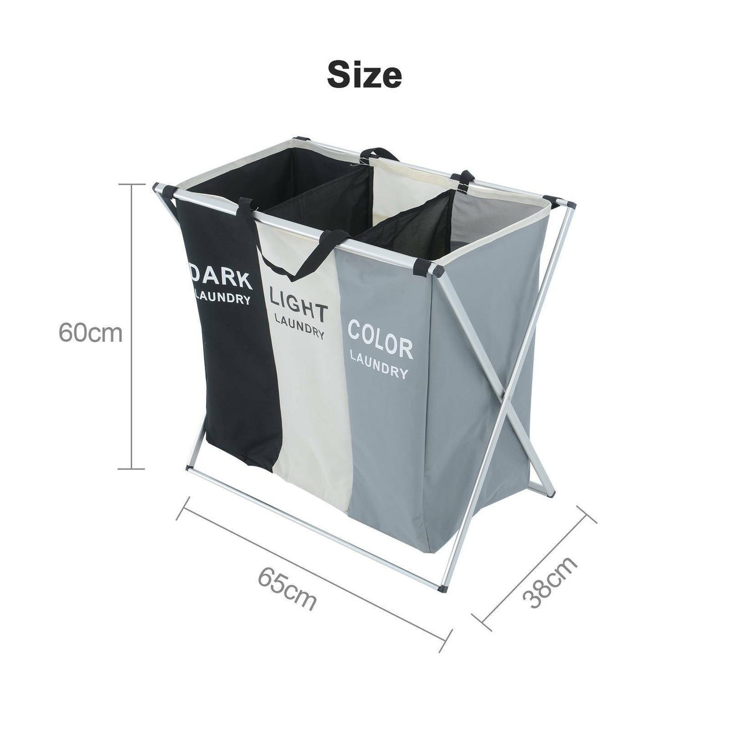 Three-section laundry basket with labels for dark, light, and color laundry, showing dimensions on a white background.