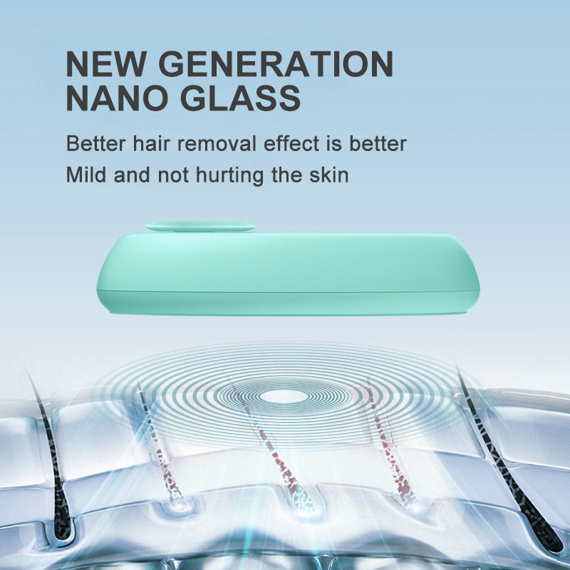 Advertisement for new generation nano glass hair removal device with text and diagram.