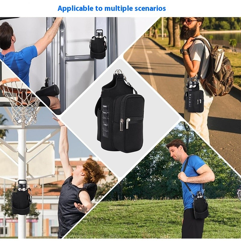 Black crossbody bag used in various scenarios including sports and casual wear.