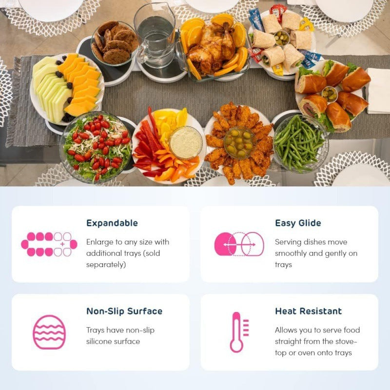 Table with various dishes and a promotional graphic about expandable trays with features like expandability, easy glide, non-slip surface, and heat resistance.