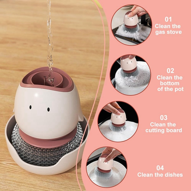 Cleaning device with a pink handle and white body, used to clean various kitchen items.