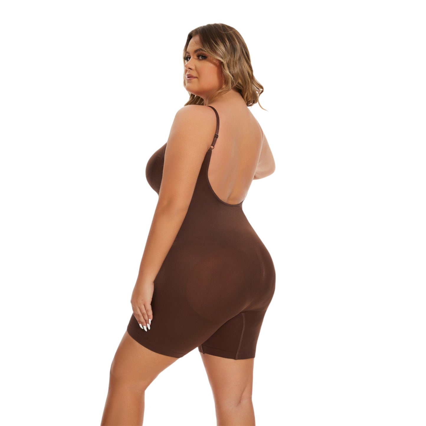 Brown body stocking worn by a model on a white background