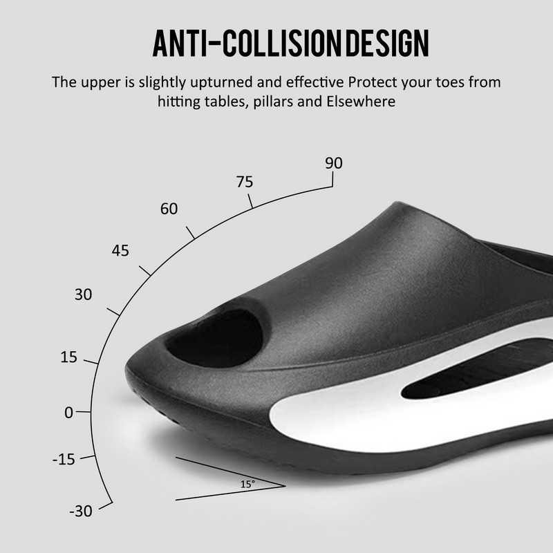 Black sandal with white sole on a gray background, featuring an anti-collision design diagram.
