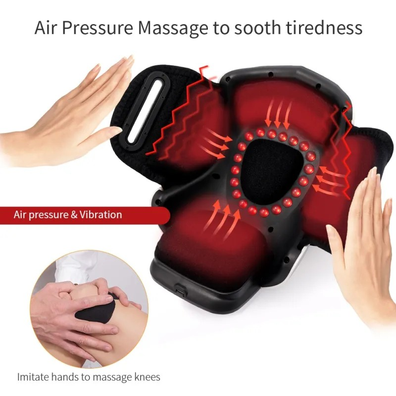 Massage device for knees with air pressure and vibration, showing hands using it.