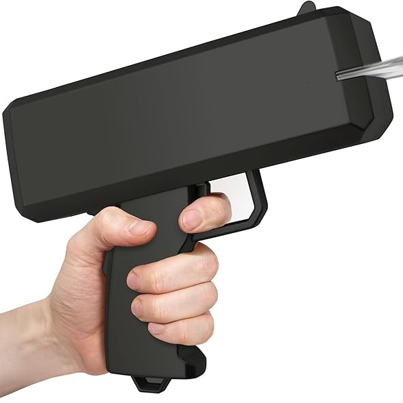 Hand holding a black handheld device with a white background