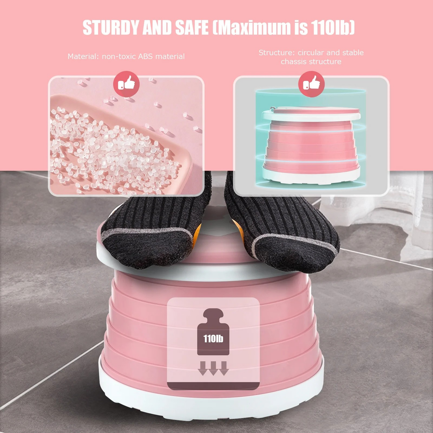Pink step stool with black socks on a gray floor, showing stability and safety features.