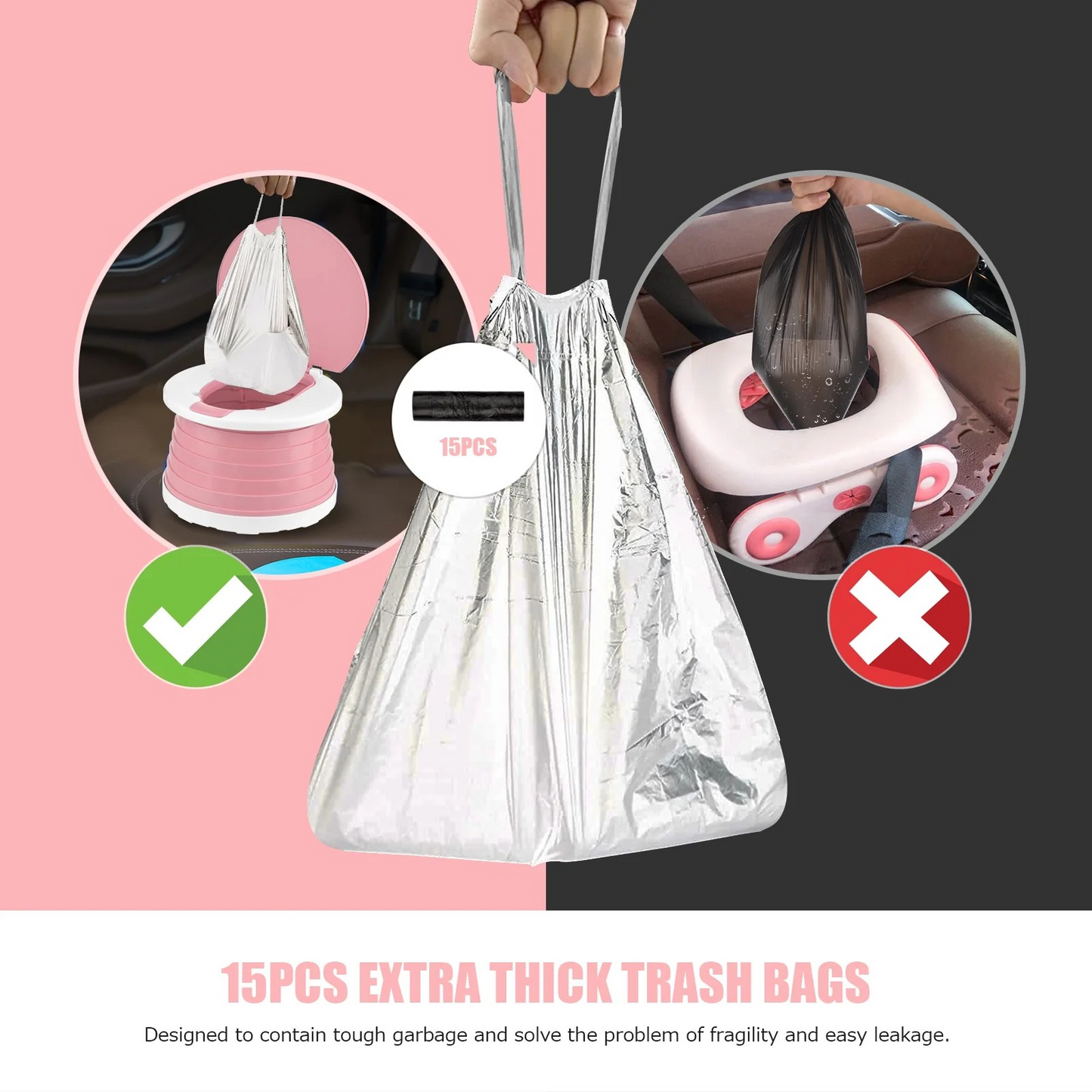 Extra thick trash bags with a hand holding one, on a pink and black background.