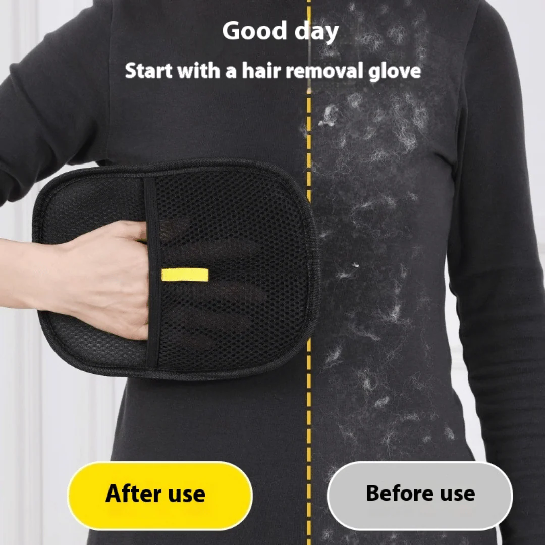 Person holding a hair removal glove with 'Good day' text and 'After use' and 'Before use' labels.