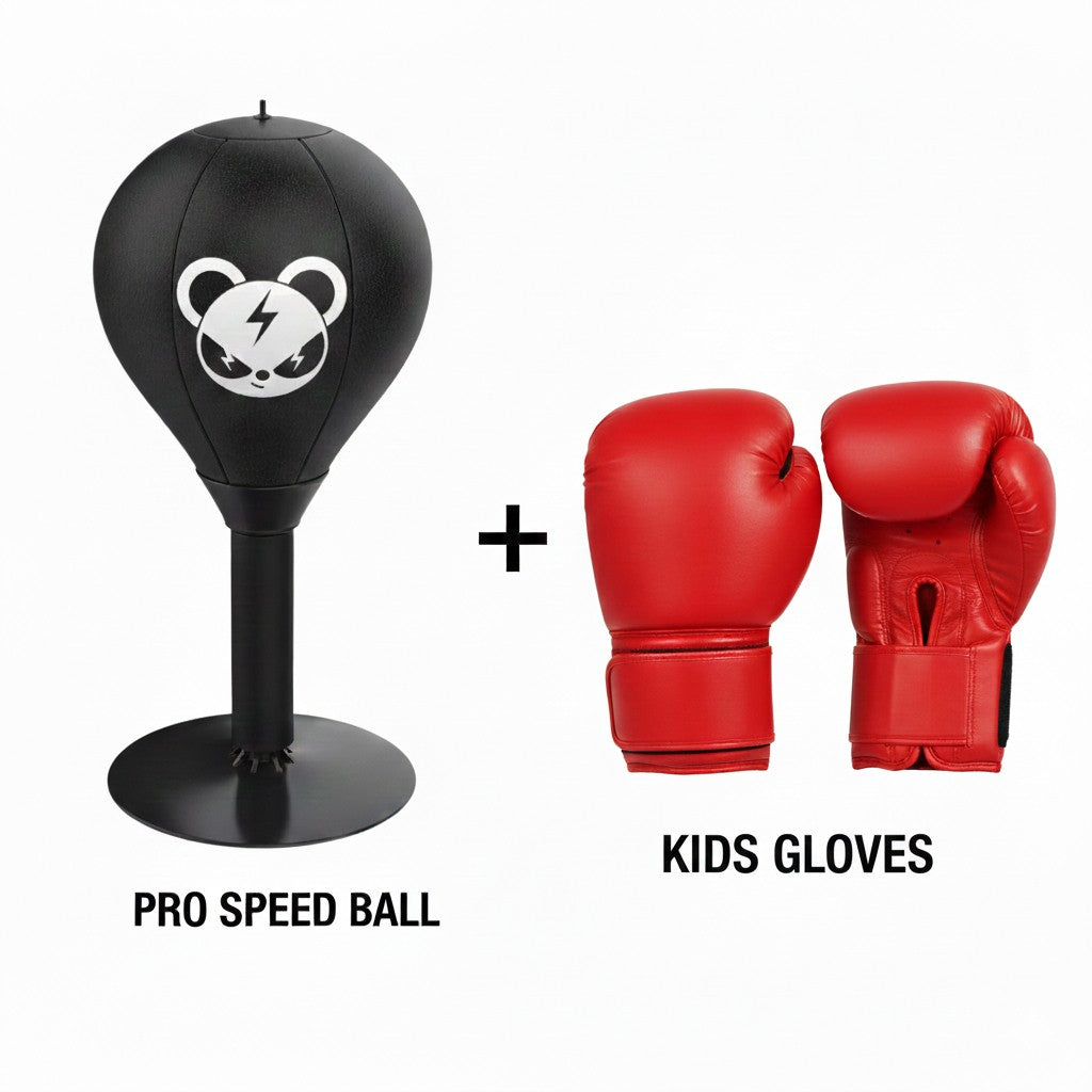 Black pro speed ball and red kids boxing gloves on a white background
