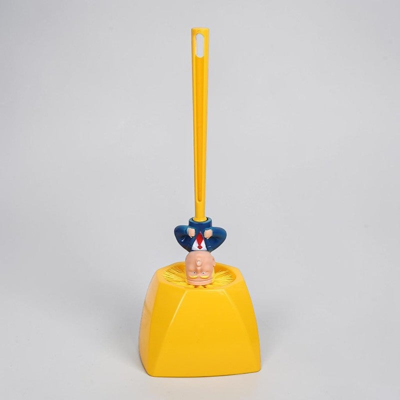 Yellow plastic toy with a blue character on top against a gray background