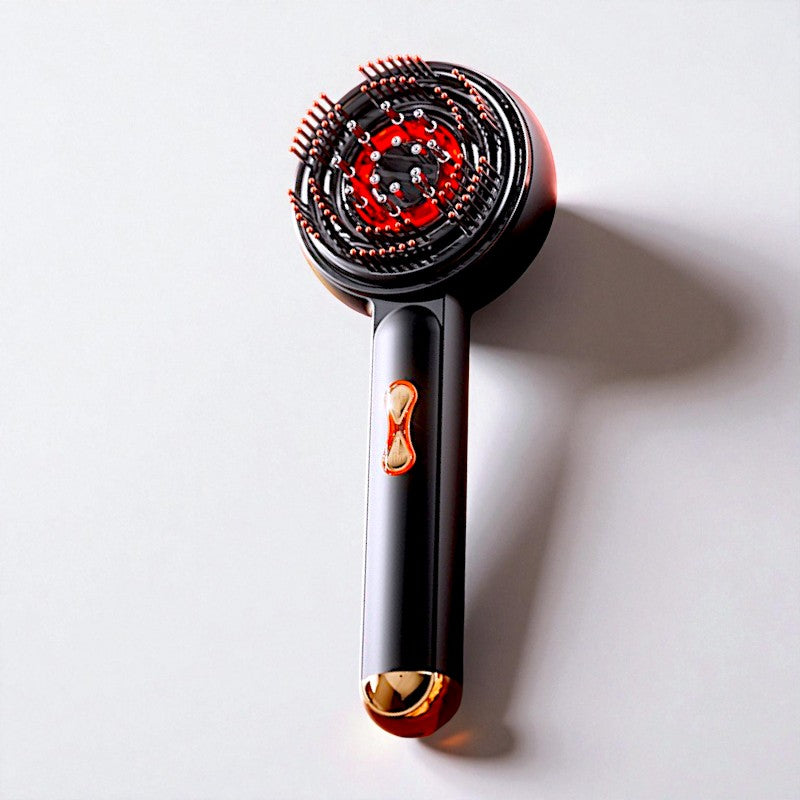 Black handheld hair dryer with red interior on a white background