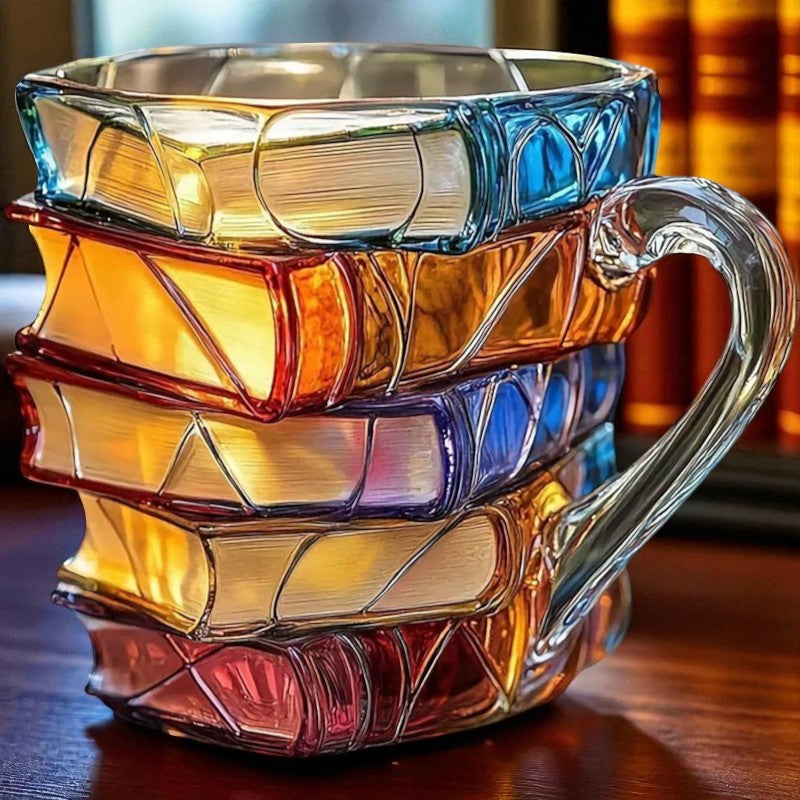 Colorful glass mug with geometric design on a wooden surface