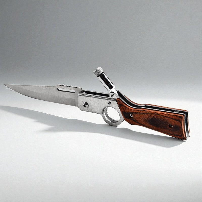 Folding knife with wooden handle on a gray background