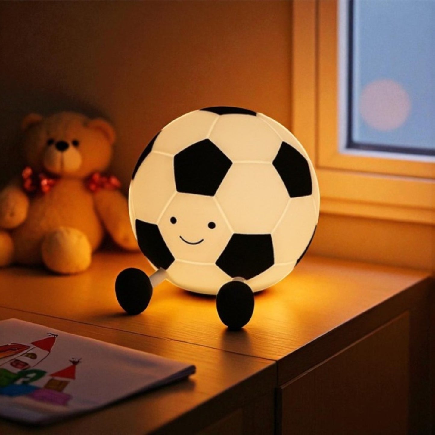 Soccer ball-shaped night light on a wooden surface with a teddy bear and children's drawing in the background.