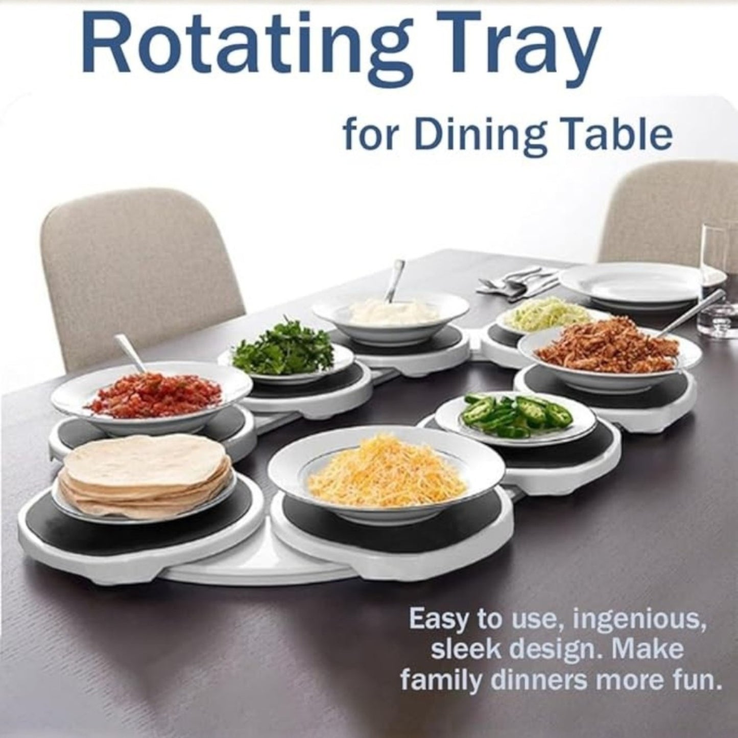 Rotating tray for dining table with various dishes on a table.