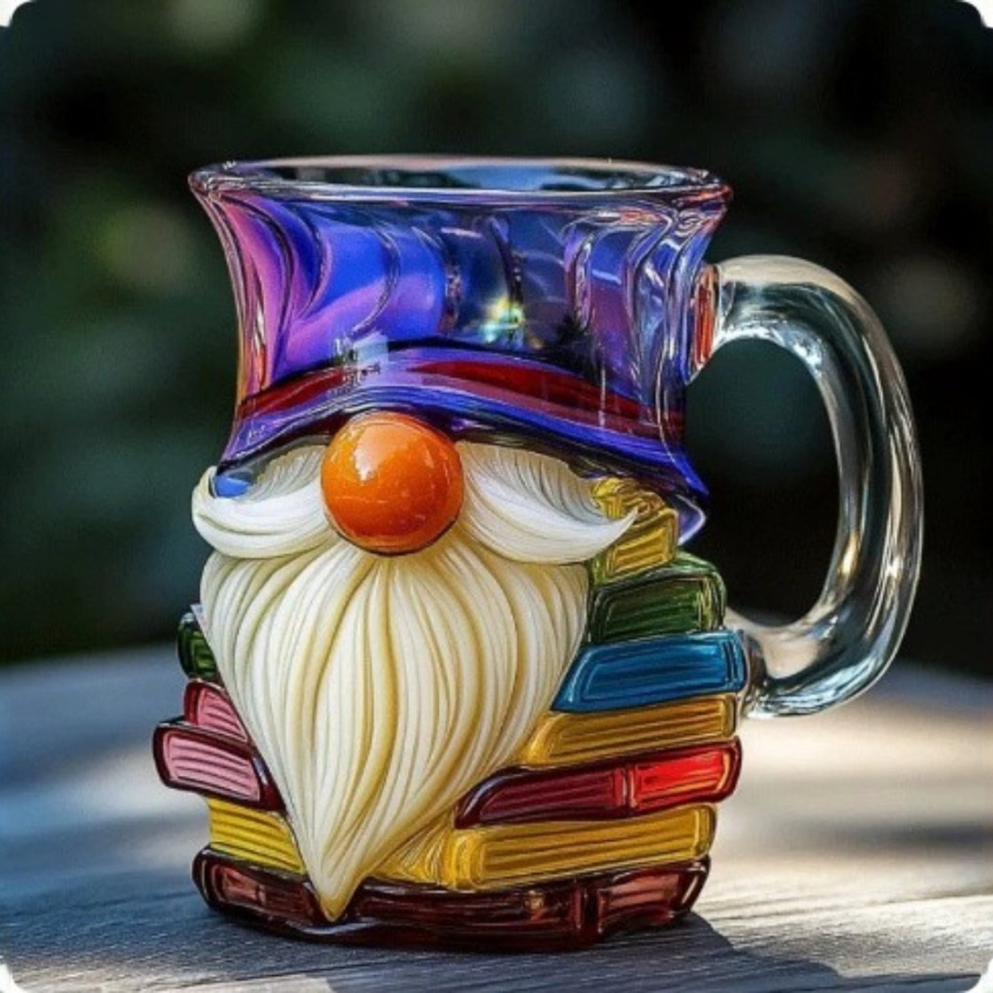 Glass mug shaped like a colorful gnome with a blurred background