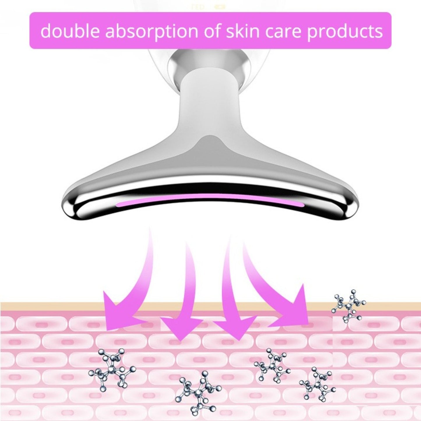 Illustration of a skincare product application with arrows showing absorption into skin layers.