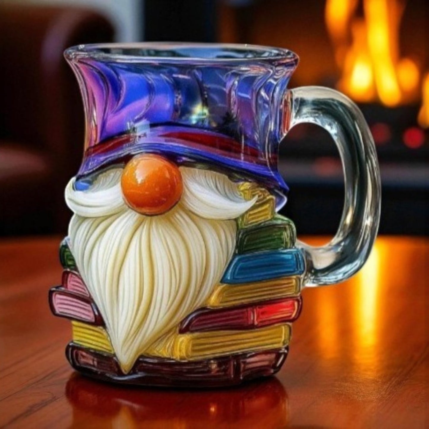 Glass mug shaped like a gnome with a beard, sitting on a wooden surface with a blurred background.