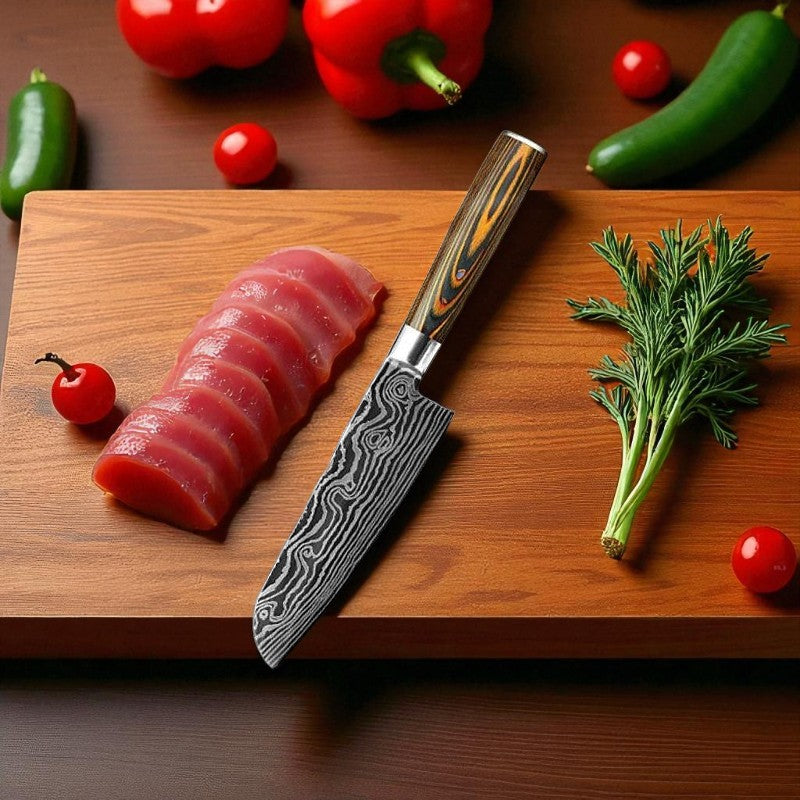 Sliced raw tuna on a wooden cutting board with a knife, surrounded by vegetables.