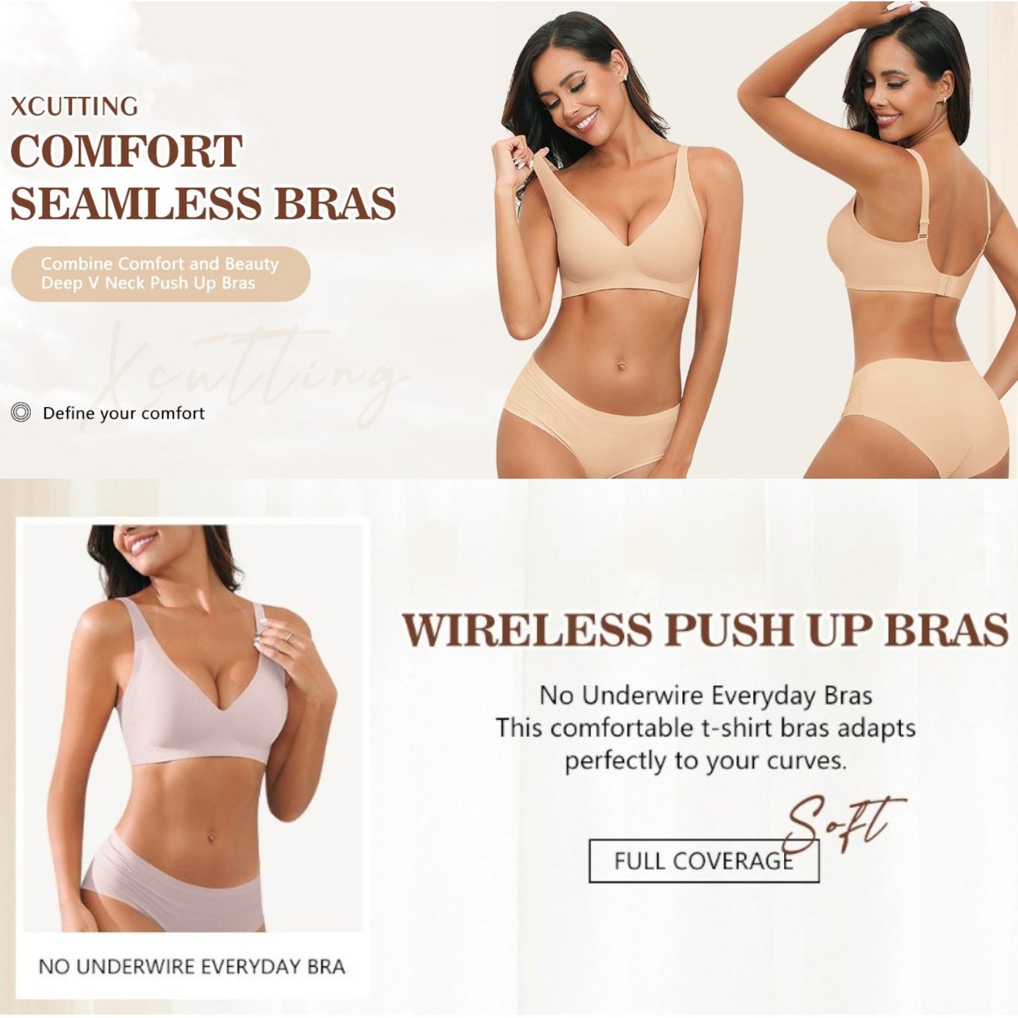 Advertisement for wireless push-up bras with a model wearing the product.