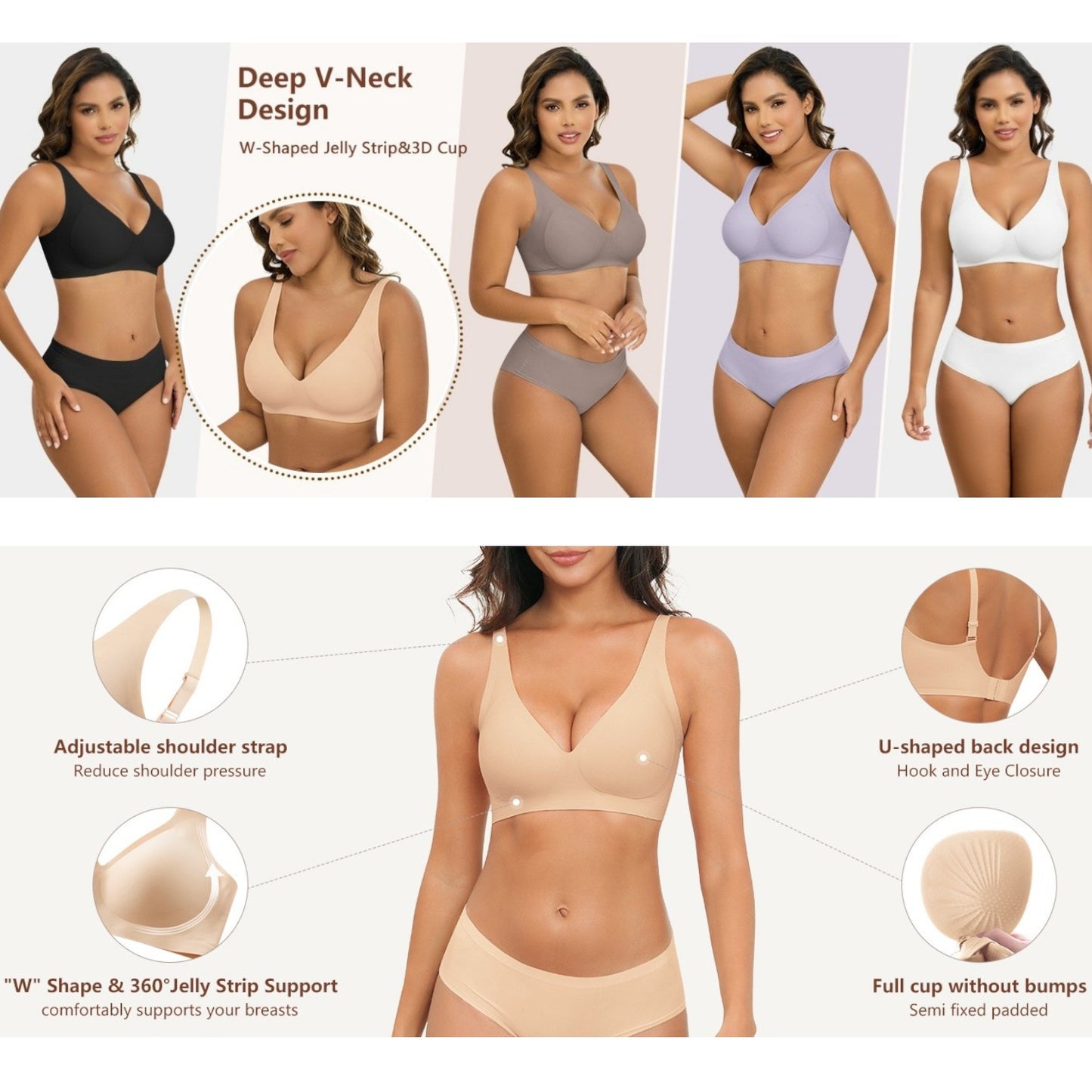 Promotional image of women wearing a range of bras with product features highlighted.