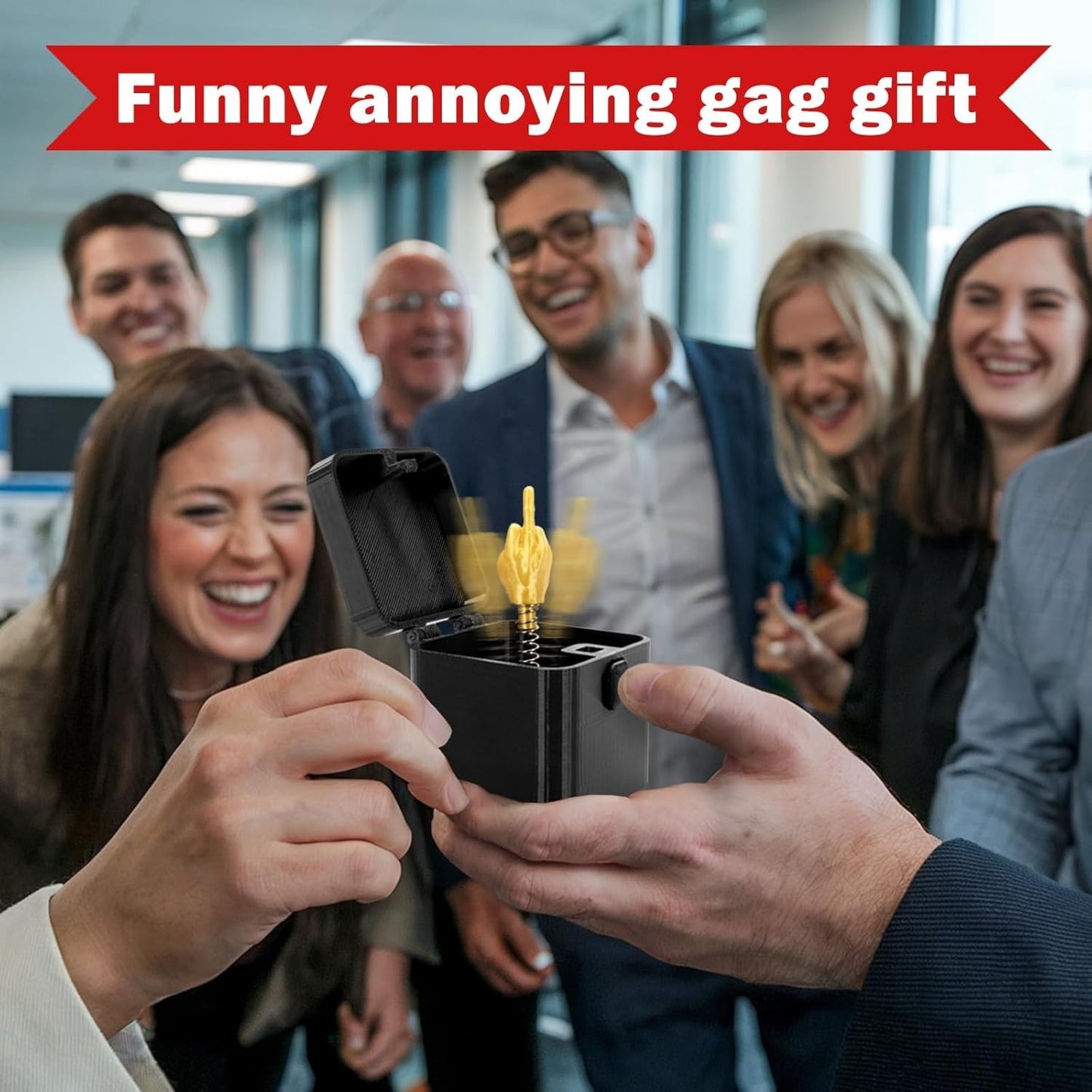 Two hands holding a small novelty item with a group of people in the background, labeled 'Funny annoying gag gift'.