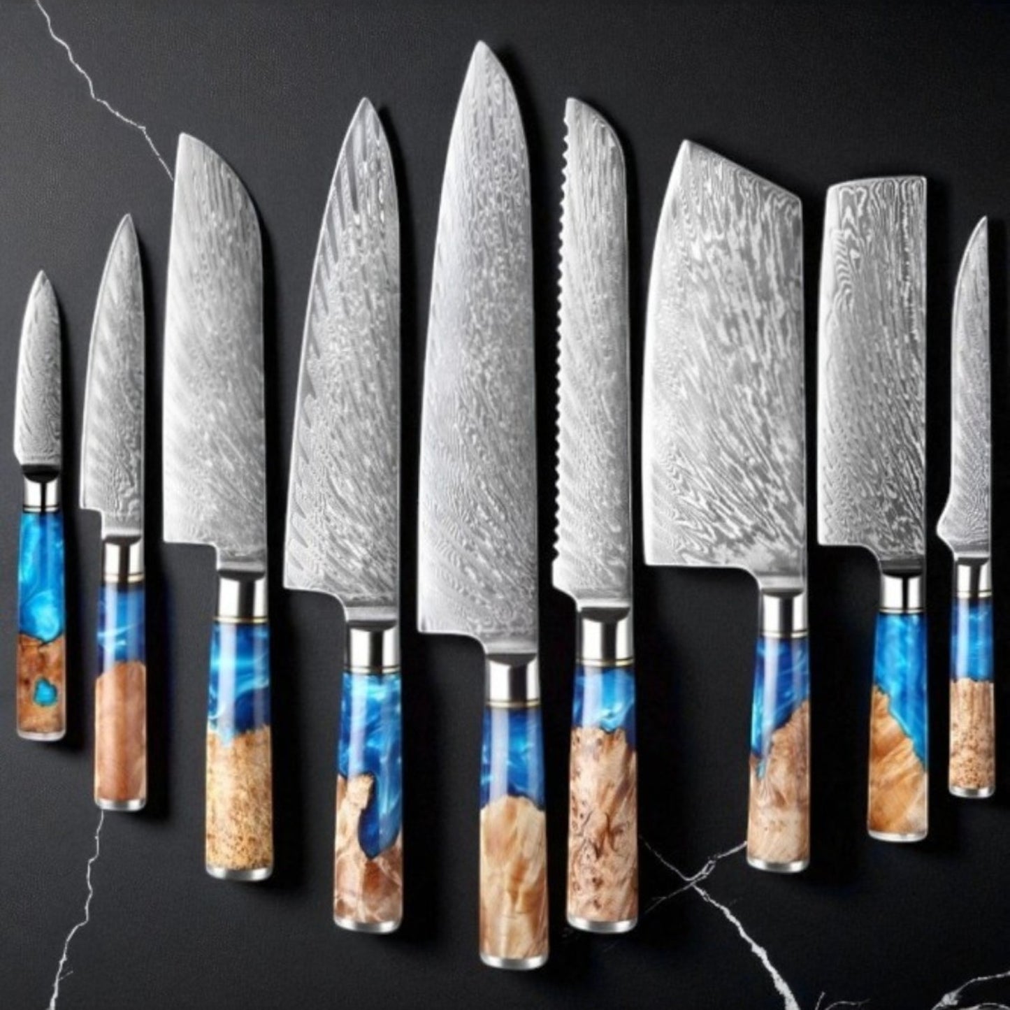 Set of knives with decorative handles on a black background