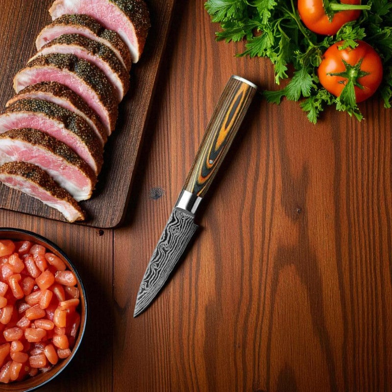 Sliced meat on a wooden board with a decorative knife, tomatoes, and pickled vegetables on a wooden surface.